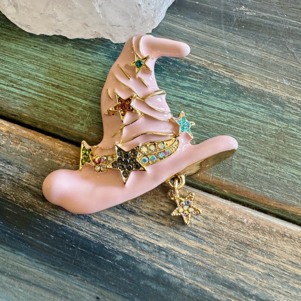 Pink Wizard Hat Brooch with Colorful Stars